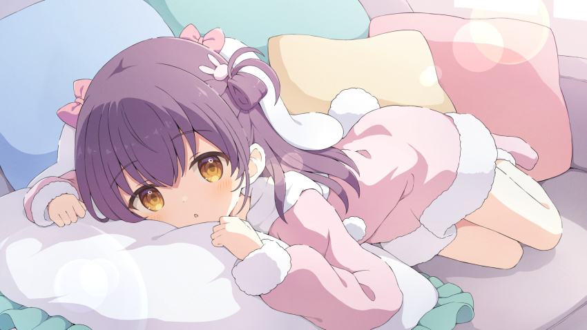 1girl :c blush commission couch day dot_nose dress full_body fur-trimmed_dress fur_trim hair_between_eyes highres indoors lens_flare long_sleeves looking_at_viewer lying medium_hair on_stomach one_side_up orange_eyes original pillow pink_dress purple_hair raised_eyebrows short_dress sidelocks skeb_commission sleeves_past_wrists solo tyomimas
