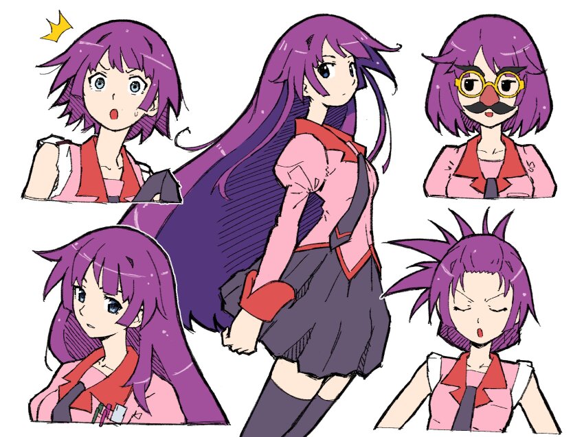 1girl bakemonogatari black_skirt black_thighhighs blue_eyes breasts collarbone collared_shirt cowboy_shot eyelashes fake_facial_hair fake_mustache fake_nose folded_hair glasses groucho_glasses highres juliet_sleeves koimonogatari long_hair long_sleeves looking_at_viewer medium_hair miniskirt monogatari_(series) multiple_views naoetsu_high_school_uniform nisemonogatari parted_lips puffy_sleeves purple_hair school_uniform senjougahara_hitagi shirt short_hair simple_background sketch skirt sleeves_rolled_up small_breasts spdcooler surprised thighhighs very_long_hair white_background zettai_ryouiki