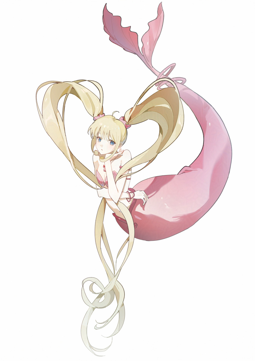 1girl absurdres armlet bare_arms bare_shoulders bikini blonde_hair blue_eyes bracelet breasts cleavage collarbone fins fish_tail full_body hair_ornament hair_scrunchie hand_on_own_cheek hand_on_own_face highres jewelry light_blush long_hair looking_at_viewer mermaid mermaid_melody_pichi_pichi_pitch monster_girl morgue_(southsakura) multiple_bracelets nanami_lucia nanami_lucia_(mermaid) parted_lips pink_bikini pink_scrunchie pink_tail scrunchie shell shell_bikini sidelocks simple_background solo strapless strapless_bikini swimsuit tail tail_ornament tail_ring twintails underwear very_long_hair wavy_hair white_background