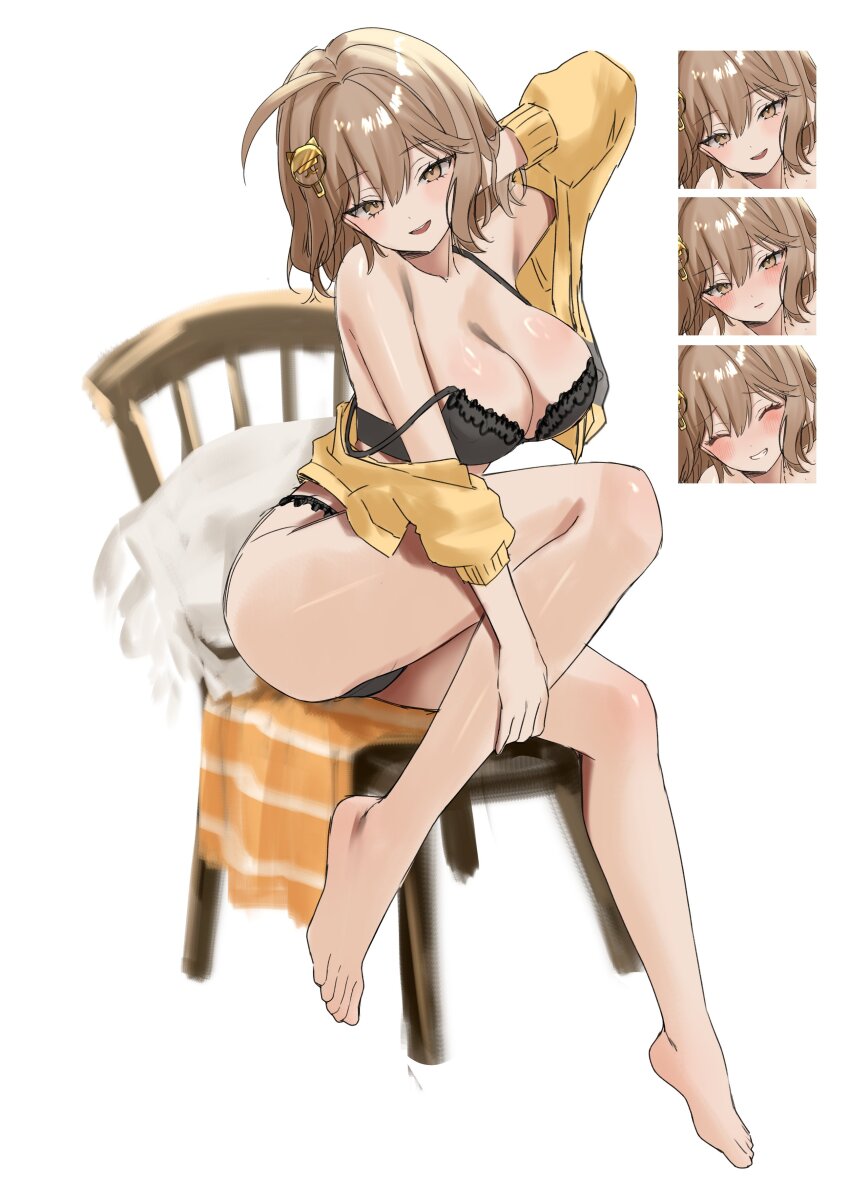 1girl absurdres ahoge anis_(nikke) bare_shoulders barefoot black_bra black_panties blush bra breasts brown_eyes brown_hair commentary_request feet goddess_of_victory:_nikke hair_ornament highres large_breasts multiple_expressions nikotingod panties short_hair simple_background sitting smile sweater toes underwear white_background yellow_sweater