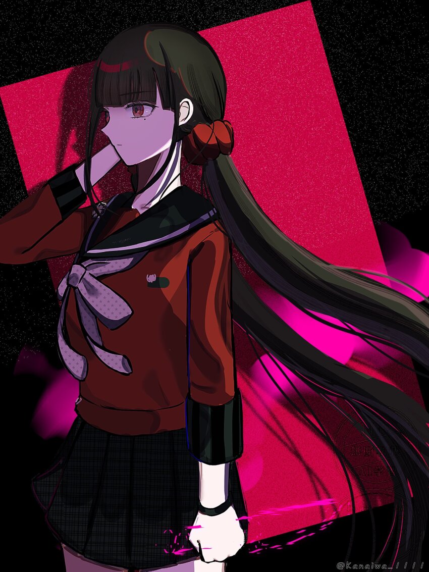 1girl artist_name black_background black_sailor_collar black_skirt bow bowtie brown_hair closed_mouth collarbone danganronpa_(series) danganronpa_v3:_killing_harmony from_side grey_bow grey_bowtie harukawa_maki highres kanaiwa long_sleeves mole mole_under_eye pleated_skirt red_background red_eyes red_scrunchie red_shirt sailor_collar scrunchie shirt skirt solo