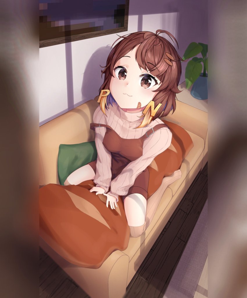 1girl :3 ahoge bandaid bandaid_on_cheek bandaid_on_face between_breasts blonde_hair bread_hair_ornament breasts brown_eyes brown_hair brown_overalls colored_tips couch food-themed_hair_ornament full_body grey_sweater grey_thighhighs hair_ornament hairclip highres indie_virtual_youtuber letter_hair_ornament long_sleeves looking_at_viewer multicolored_hair no_shoes on_couch on_pillow overall_shorts overalls painting_(object) pan_the_bread peesh_san pillow plant potted_plant ribbed_legwear ribbed_sweater ribbed_thighhighs short_hair sitting solo strap_slip sweater thighhighs thighs turtleneck turtleneck_sweater two-tone_hair v_arms virtual_youtuber wariza