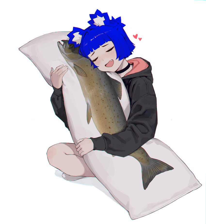 1girl absurdres animal_ear_fluff animal_ears bear_ears black_hoodie blue_hair blunt_bangs blush body_pillow choker closed_eyes fang fish gris_(vertigris) half_updo heart highres hood hood_down hoodie long_sleeves hugging_object open_mouth original pillow pillow_hug salmon_(fish) short_hair simple_background sitting smile socks solo vertigris white_background white_socks