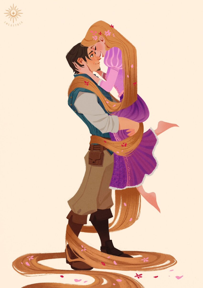 1boy 1girl aqua_vest barefoot belt blonde_hair blush boots brown_belt brown_footwear brown_hair brown_pants closed_eyes couple dress facial_hair flower flynn_rider full_body grin hair_behind_ear hair_flower hair_ornament hand_in_another&#039;s_hair hetero highres juliet_sleeves long_dress long_hair long_sleeves looking_at_another pants parted_bangs pink_flower puffy_sleeves purple_dress rapunzel_(disney) red_flower shirt short_hair sleeves_rolled_up smile solastria soul_patch standing tangled teeth very_long_hair white_shirt yellow_background