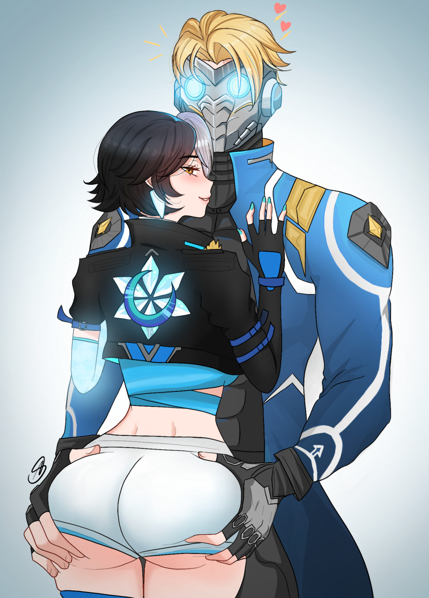1boy 1girl ass ass_focus assertive_male black_hair black_jacket blonde_hair blue_eyes blue_jacket couple cropped_jacket cropped_shirt fingerless_gloves gloves glowing glowing_eyes grabbing_another&#039;s_ass groping heart hetero heterochromia huge_ass husband_and_wife jacket jewelry lipstick luna_snow makeup marvel marvel_rivals mask multicolored_hair nail_polish orange_eyes peter_quill pink_lips short_hair shorts signature smile smirk star-lord tight_clothes white_hair white_shorts yellow_eyes