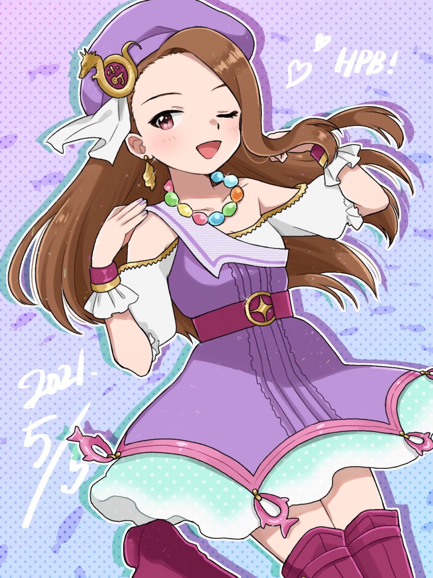 1girl 2021 ;d bare_shoulders bead_necklace beads beret boots brown_hair center_frills commentary_request dated dress drop_shadow earrings frilled_wrist_cuffs frills hands_up hat hat_ribbon highres idolmaster idolmaster_(classic) idolmaster_2 jewelry long_hair minase_iori naruse_ill necklace one_eye_closed open_mouth outline palace_of_dragon_(idolmaster) pink_boots polka_dot polka_dot_background purple_background purple_dress purple_hat purple_nails purple_wrist_cuffs red_eyes ribbon smile solo swept_bangs thigh_boots white_outline white_ribbon wrist_cuffs