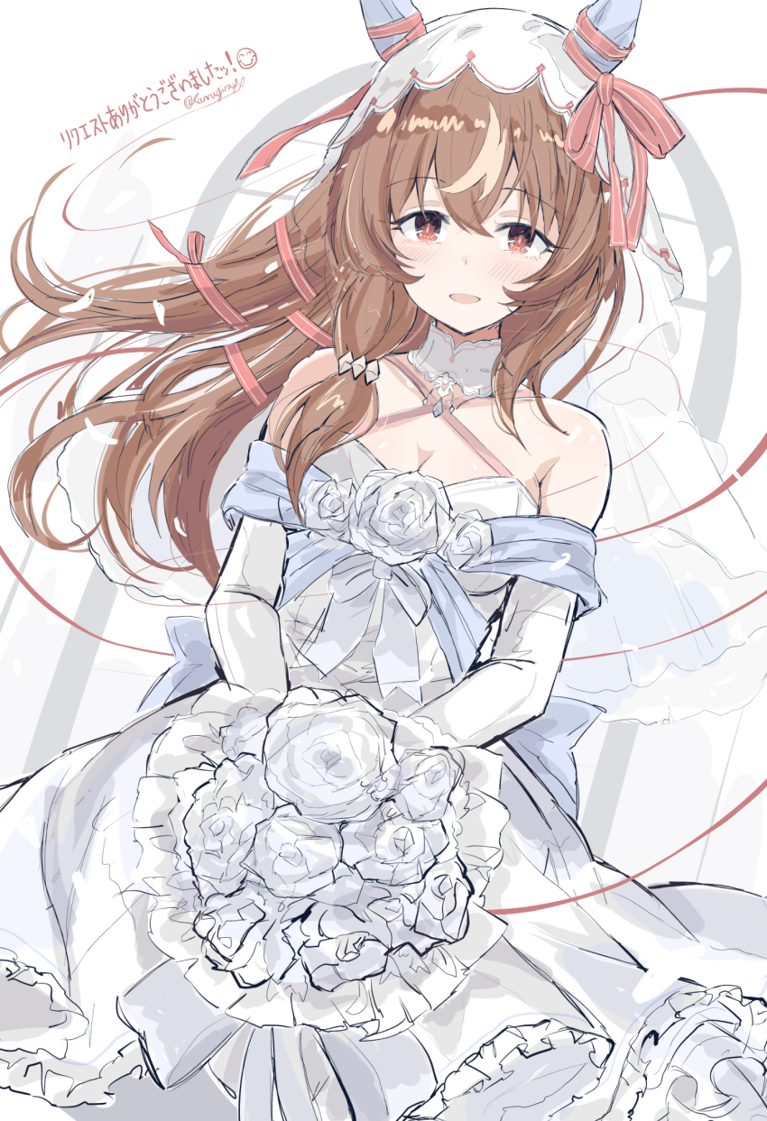 1girl alternate_costume animal_ears blush breasts bridal_veil brown_hair cleavage collarbone commentary_request detached_sleeves dress flower hair_between_eyes hair_ornament highres horse_ears horse_girl kannagiray long_hair open_mouth red_eyes revision solo still_in_love_(umamusume) translation_request umamusume veil wedding_dress white_background