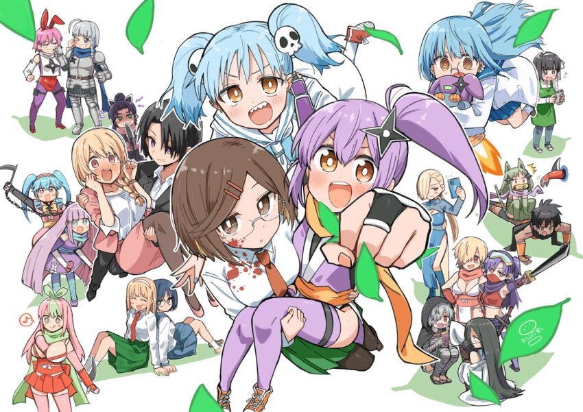 6+girls @_@ aoi_satou apron armor assassin back-to-back black_hair black_jacket blonde_hair blood blood_on_clothes blood_on_face blue_hair blush braid breasts brown_eyes brown_hair carrying character_request cheek_pinching cleavage collared_shirt colored_inner_hair fingerless_gloves flying_sweatdrops full-face_blush glasses gloves green_apron hair_ornament hair_over_one_eye hair_ribbon hairclip holding holding_sketchbook holding_sword holding_weapon izutsumi_marin izutsumi_minato jacket japanese_clothes jealous kimono koga_konoha kuro_(ninkoro) kusagakure_fumiko kusagakure_hatsuko kusagakure_satoko looking_at_viewer mole mole_under_mouth multicolored_hair multiple_girls ninja ninja_to_koroshiya_no_futarigurashi official_art one_eye_closed open_clothes open_jacket pantyhose pencil_skirt piggyback pinching pink_eyes pink_jacket pink_skirt pleated_skirt ponytail princess_carry purple_eyes purple_hair purple_kimono ribbon roboko_(ninkoro) robot robot_girl school_uniform selfie serafuku shaded_face sharp_teeth shirt short_hair short_kimono short_twintails shuriken_hair_ornament siblings side_ponytail single_braid sisters sitting sitting_on_person sketchbook skirt skull_hair_ornament streaked_hair swept_bangs sword tan teeth twintails upper_body weapon white_shirt yoshida_aoko yuri yuriko_(ninkoro)