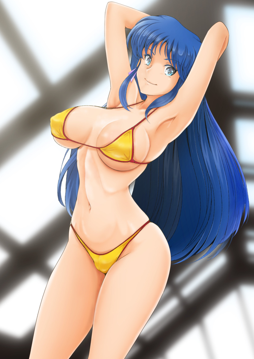 1girl absurdres armpits arms_behind_head arms_up bikini blue_eyes blue_hair blurry blurry_background breasts closed_mouth commentary_request dirty_pair highleg highleg_bikini highres indoors long_hair looking_at_viewer medium_breasts nanashi_noiji navel rei_no_pool simple_background smile solo stomach swimsuit thighs yellow_bikini yuri_(dirty_pair)
