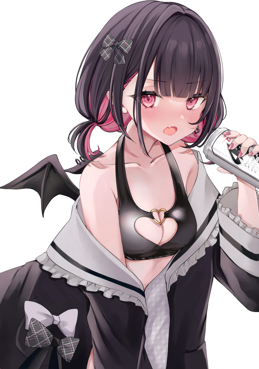 1girl absurdres alcohol asahi_breweries bare_shoulders beer beer_can black_hair blush bow breasts can cleavage collarbone detached_sleeves drink_can fake_wings fang fingernails frills hand_up highres holding indie_virtual_youtuber long_sleeves looking_at_viewer medium_breasts mini_wings nail_polish open_mouth pink_eyes pink_hair rikotan rikotan_(vtuber) short_hair simple_background skin_fang solo virtual_youtuber wings