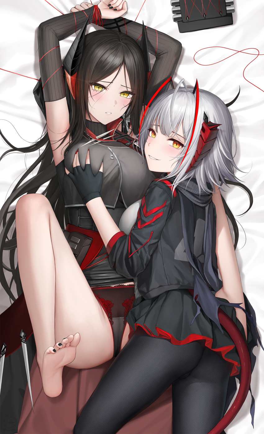 2girls absurdres arknights arms_up ass barefoot bdsm black_gloves black_hair black_horns black_nails black_panties black_pantyhose blush bondage bound breasts commentary english_commentary feet fingerless_gloves gloves grabbing_another&#039;s_breast grey_hair groping highres horns ines_(arknights) keine09 large_breasts long_hair looking_at_viewer multicolored_hair multiple_girls nail_polish panties pantyhose red_hair short_hair smile soles streaked_hair thread toenail_polish toenails toes underwear variant_set w_(arknights) yellow_eyes yuri