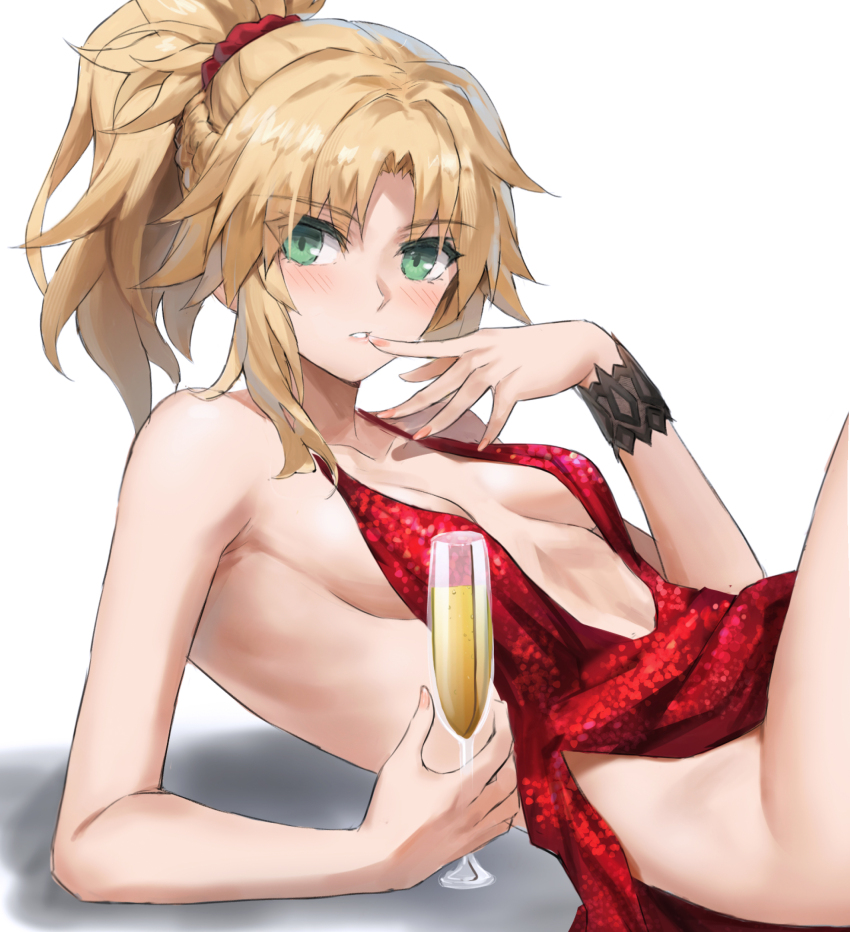 1girl bare_shoulders blonde_hair blush braid breasts dress fate/apocrypha fate_(series) green_eyes highres long_hair looking_at_viewer mordred_(fate) parted_bangs ponytail red_dress sidelocks small_breasts solo tonee