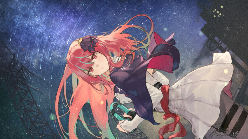 1girl aqua_hair black_jacket black_pantyhose closed_mouth commentary_request dress dutch_angle fadingz from_side gradient_hair hair_ornament headphones holding holding_headphones jacket jacket_on_shoulders long_exposure long_hair looking_at_viewer mixstgirls multicolored_hair multiple_thigh_straps night night_sky open_clothes open_jacket outdoors pantyhose pixiv_id red_eyes red_hair signature sky solo sorakana_ito star_(sky) star_trail streaked_hair transmission_tower two-sided_fabric two-sided_jacket two-tone_hair virtual_youtuber white_dress