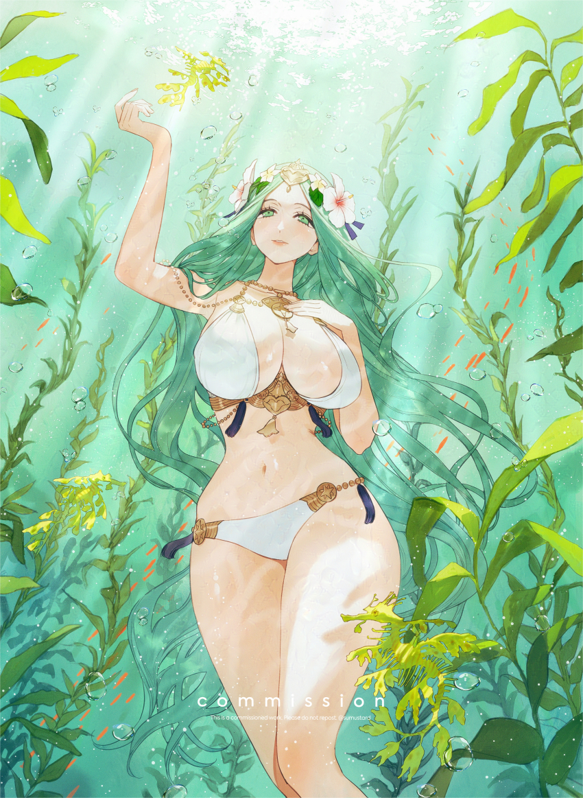 1girl absurdres air_bubble arm_up bare_legs bikini breasts bubble cleavage commission fire_emblem fire_emblem:_three_houses fire_emblem_heroes fish flower green_eyes hair_flower hair_ornament highres huge_breasts kelp leafy_seadragon legs_together long_hair navel nintendo official_alternate_costume rhea_(fire_emblem) rhea_(summer)_(fire_emblem) seahorse smile solo stomach sumustard sunlight swimsuit tassel thighs underwater very_long_hair white_bikini