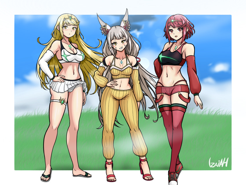 3girls :d absurdres alternate_costume animal_ear_fluff animal_ears aqua_gemstone black_santa_costume blue_sky blurry blurry_background blush bob_cut border breasts cleavage cloud collarbone commentary crop_top day depth_of_field earrings english_commentary field flip-flops floating_earring full_body grass grey_hair grin hand_on_own_hip headpiece high_heels highleg highleg_panties highres izaiah jewelry large_breasts long_hair looking_at_viewer multiple_girls mythra_(xenoblade) navel nia_(xenoblade) open_mouth outside_border panties pants pleated_skirt pyra_(xenoblade) red_eyes red_hair red_panties red_shoes red_shorts red_thighhighs ribbed_pants sandals santa_costume shoes short_shorts shorts signature skirt sky smile thighhighs underwear very_long_hair white_border white_panties white_skirt xenoblade_chronicles_(series) xenoblade_chronicles_2 yellow_eyes yellow_pants