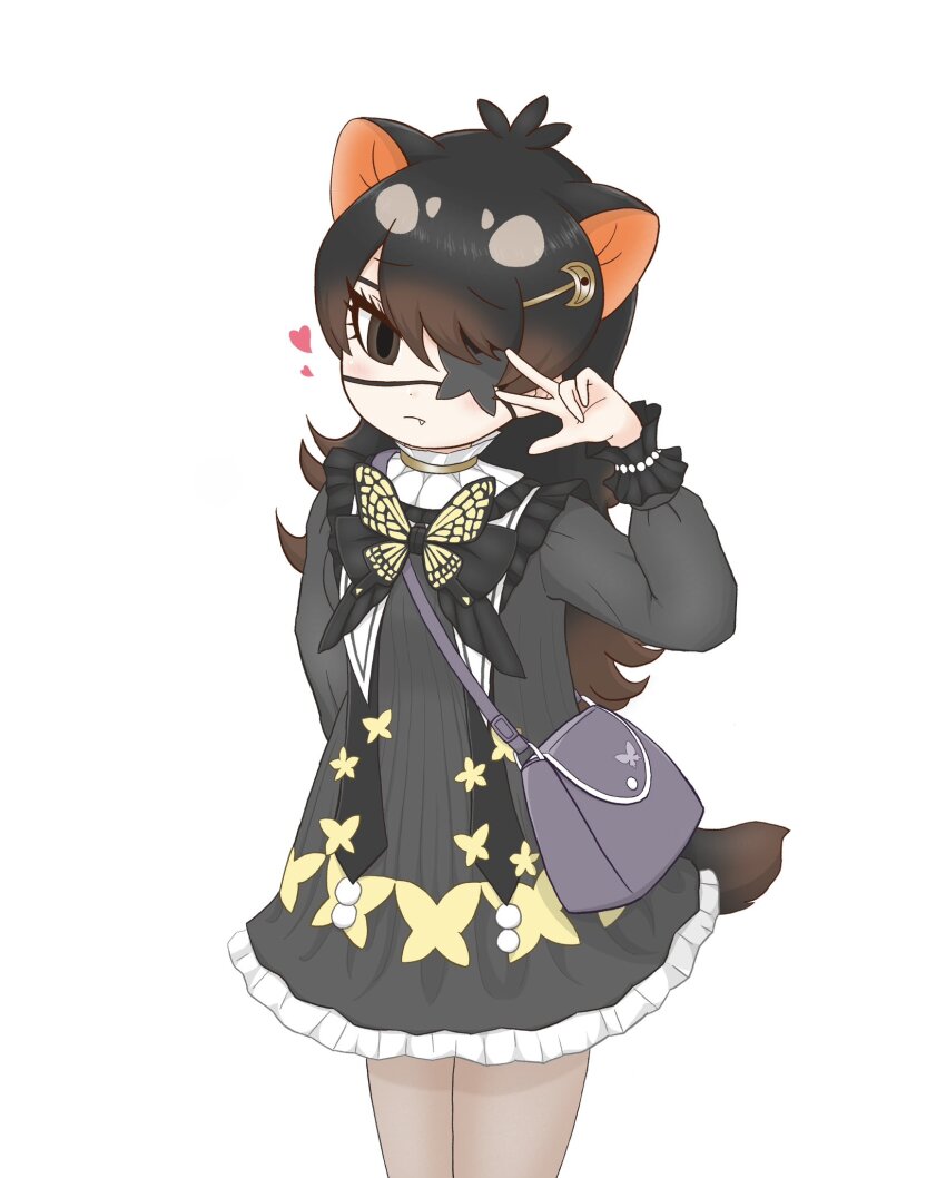 australian_devil_(kemono_friends) bag black_dress black_hair black_pantyhose blush brown_eyes brown_hair butterfly_brooch collar cowboy_shot dress eyepatch fang frilled_collar frilled_dress frilled_sleeves frills hair_between_eyes hair_ornament hairclip handbag highres kemono_friends kemono_friends_3 long_hair long_sleeves looking_at_viewer multicolored_dress multicolored_hair pantyhose puffy_sleeves purple_bag sheer_pantyhose sidelocks star_(symbol) tasmanian_devil_ears tasmanian_devil_tail tobinosuke12 v yellow_dress
