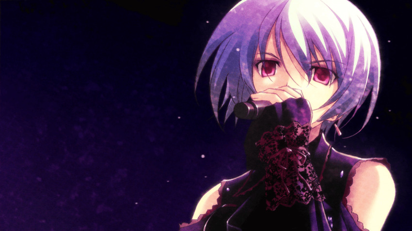1girl bare_shoulders black_dress blue_hair chaos;head chaos;head_love_chu_chu! clothing_cutout collar corset detached_sleeves dress earrings eyeshadow fingernails frilled_collar frilled_corset frilled_sleeves frills game_cg goth_fashion gothic_punk hair_between_eyes holding holding_microphone jewelry kishimoto_ayase lace-trimmed_wrist_cuffs lace_trim looking_to_the_side makeup matsuo_yukihiro microphone music official_art phantasm purple_eyes short_hair shoulder_cutout singing solo wrist_cuffs