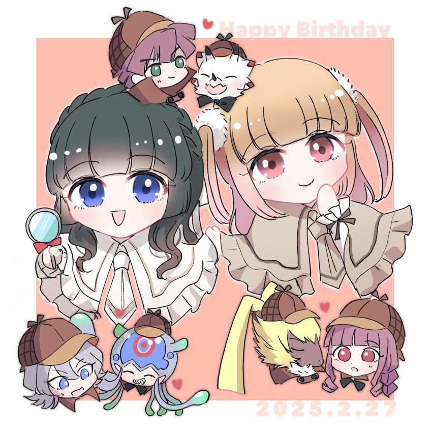1girl 2boys amanokawa_hiro bandaged_arm bandages blue_eyes digimon digimon_(creature) digimon_ghost_game dinosaur gammamon higashimitarai_kiyoshiro highres jellyfish_girl jellymon long_hair miinu_(melenas) monster_girl multiple_boys parody rabbit short_hair style_parody symbareangoramon tentacle_hair tentacles triceratops tsukiyono_ruli white_hair