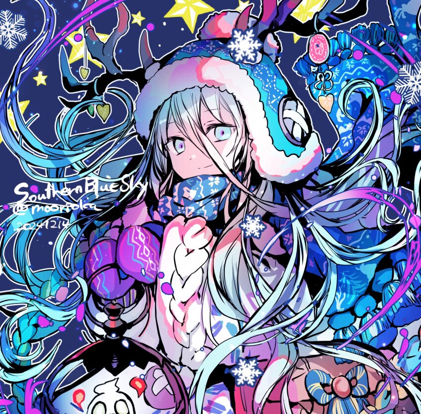 1girl antlers beanie blue_hat blue_scarf breasts commentary_request fate/grand_order fate_(series) hair_between_eyes hat highres horns long_hair long_sleeves looking_at_viewer louhi_(fate) louhi_(second_ascension)_(fate) mittens purple_mittens rioka_(southern_blue_sky) scarf small_breasts smile star_(symbol) sweater white_eyes white_hair white_sweater