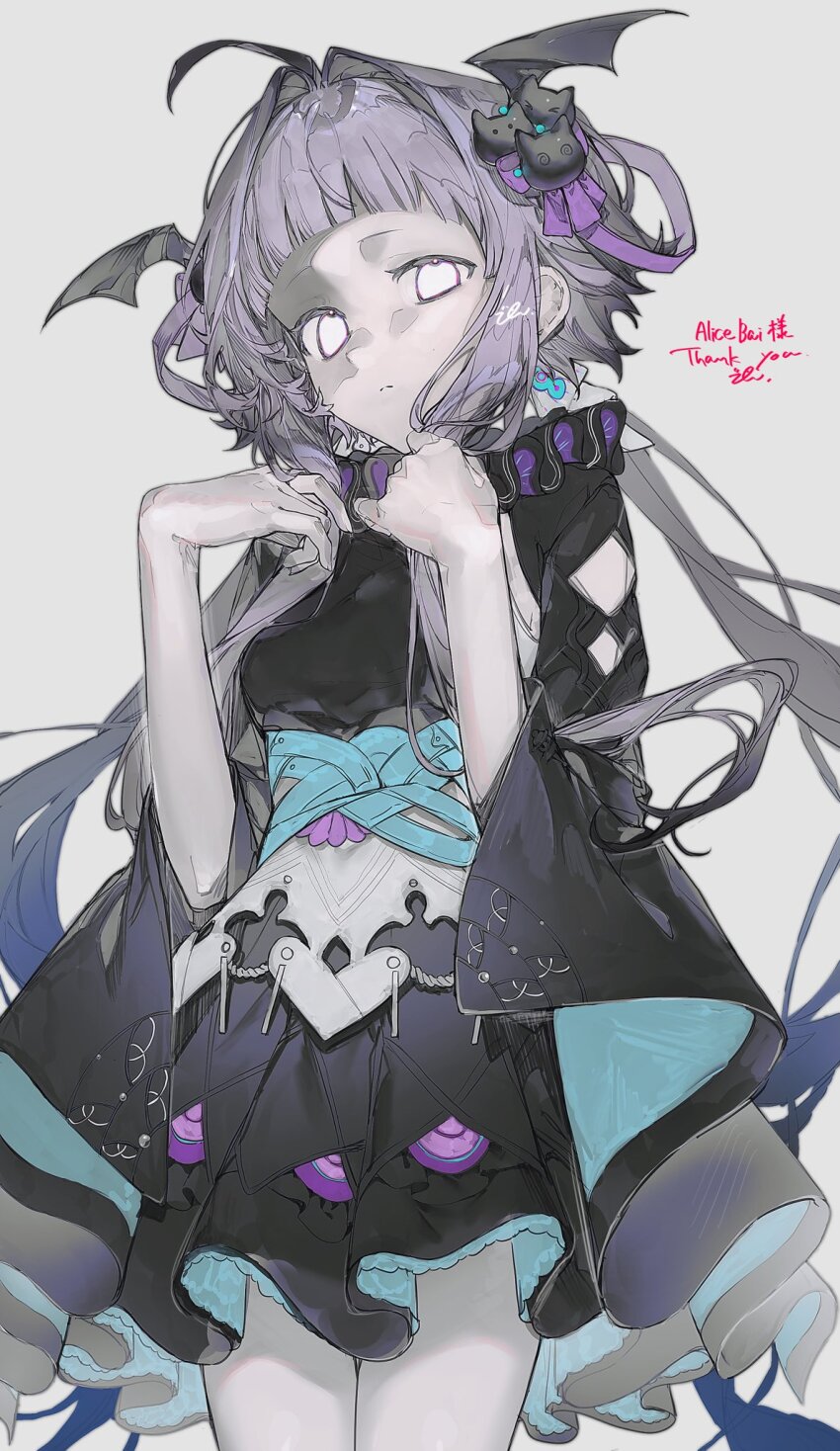 1girl ahoge bat_hair_ornament black_dress breasts closed_mouth commission cowboy_shot dress empty_eyes grabbing_own_hair hair_ornament highres long_sidelocks looking_at_viewer medium_breasts medium_hair original purple_hair sidelocks simple_background solo white_background white_eyes xoxzxox