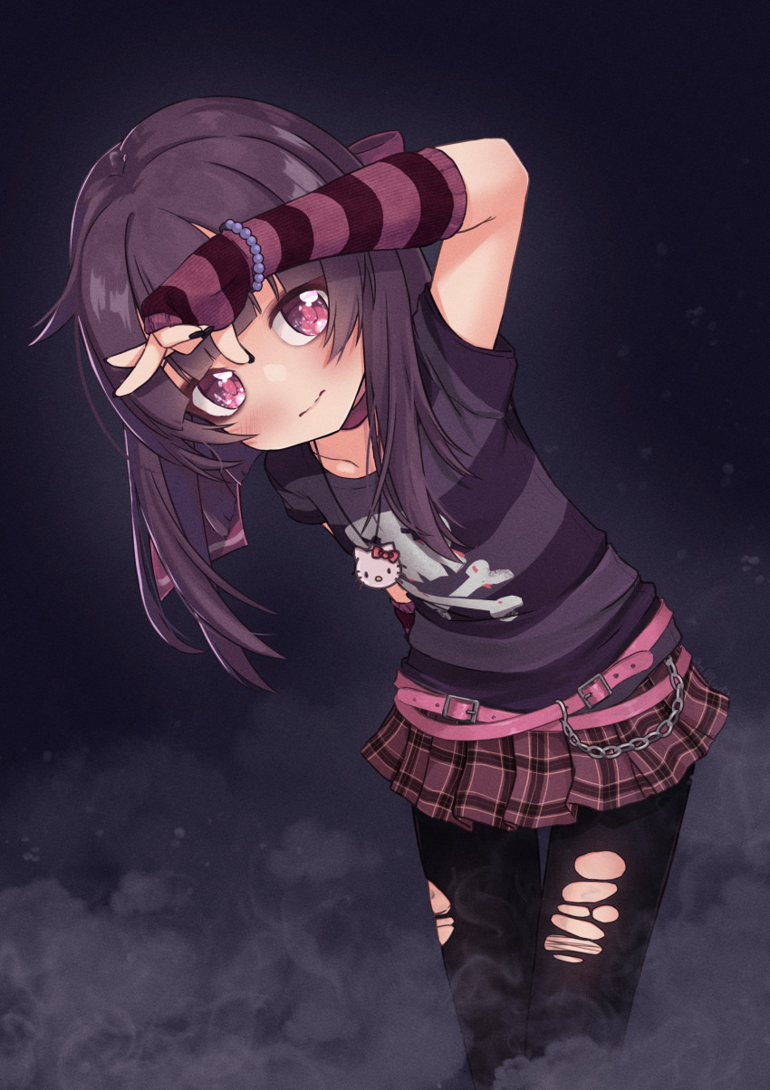1girl arm_warmers bent_over blush brown_hair choker fallenshadow fog highres indie_virtual_youtuber jewelry kiirokuma leggings nail_polish necklace pantyhose pink_eyes plaid_clothes plaid_skirt shirt skirt solo striped_clothes striped_shirt t-shirt torn_clothes torn_legwear torn_pantyhose virtual_youtuber