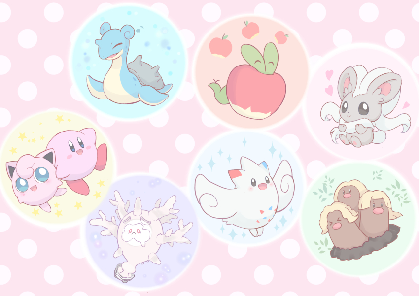 &gt;_&lt; 025sakura393 :d alolan_dugtrio alolan_form applin blush_stickers bright_pupils cinccino closed_eyes closed_mouth commentary_request crossover cursola frown gen_1_pokemon gen_4_pokemon gen_5_pokemon gen_7_pokemon gen_8_pokemon highres jigglypuff kirby kirby_(series) lapras nintendo no_humans open_mouth pokemon pokemon_(creature) sitting smile togekiss white_pupils
