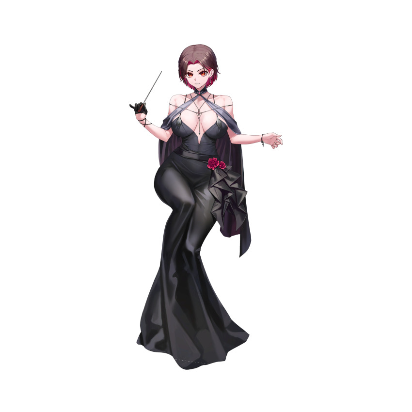 1girl bare_shoulders belt between_breasts black_belt black_dress black_gloves bracelet breasts breasts_apart brown_hair collarbone colored_inner_hair conductor conductor_baton d-log dress earrings evening_gown flower frills full_body gem gloves grey_shawl grin hair_intakes half_gloves highres hobble_dress holding_baton jewelry large_breasts last_origin long_dress looking_at_viewer merlin_(last_origin) multicolored_hair off-shoulder_dress off_shoulder official_alternate_costume official_art plunging_neckline red_eyes red_flower red_gemstone red_hair red_rose rose see-through_clothes see-through_shawl shawl short_hair simple_background single_glove sitting skin_tight slit_pupils smile solo tachi-e third-party_source transparent_background two-tone_hair v-shaped_eyebrows wrist_straps
