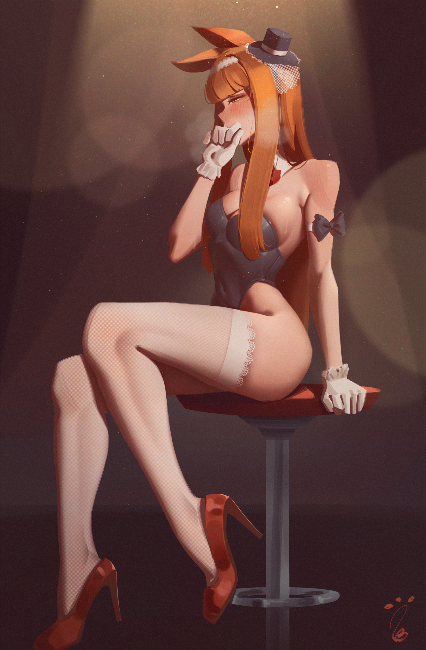 1girl absurdres animal_ears averting_eyes black_hat black_leotard blunt_bangs blush breasts commentary covering_own_mouth detached_collar from_side gloves hairband hat high_heels highres horse_ears horse_girl large_breasts leotard long_hair orange_hair red_shoes shoes sidelocks silence_suzuka_(umamusume) sitting solo sushoartworks symbol-only_commentary thighhighs umamusume white_gloves white_hairband white_thighhighs