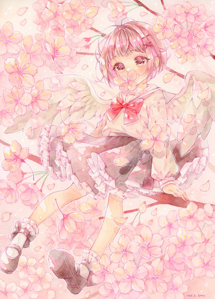 1girl absurdres ahoge amu_(m_aa) arm_support artist_name bird bird_girl bow bowtie branch brown_shoes brown_skirt cherry_blossoms covered_mouth dated eurasian_tree_sparrow flower frilled_skirt frills highres midriff_peek original painting_(medium) pink_eyes pink_hair red_bow red_bowtie school_uniform serafuku shirt shoes short_hair sidelocks signature sitting sitting_on_branch skirt socks solo sparrow traditional_media watercolor_(medium) white_shirt white_socks white_wings wings