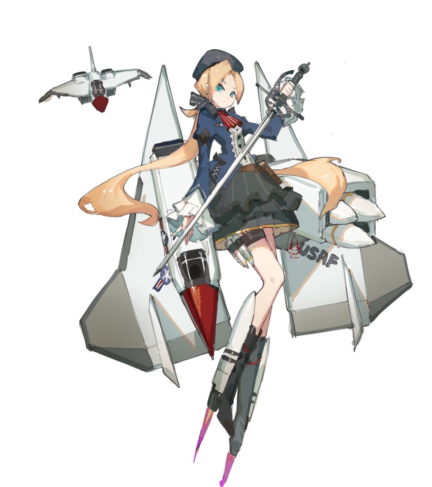absurdres blonde_hair blue_eyes frider frilled_skirt frilled_sleeves frills highres holding holding_sword holding_weapon looking_at_viewer mecha_musume original personification rapier skirt sword tachi-e tagme united_states_air_force vehicle_and_personification weapon wings xf-108
