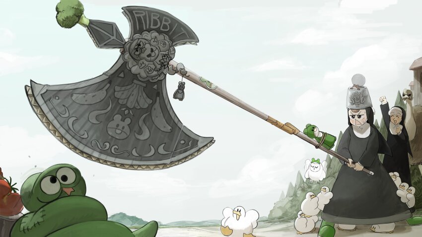 2girls axe bird broccoli brown_hair chicken commentary diva_(hyxpk) duck english_commentary frog_headband froggy_nun_(diva) green_footwear grey_hair habit highres holding holding_weapon little_nuns_(diva) multiple_girls nun ostrich outdoors owl sheep_nun_(diva) slice_of_life stuffed_snake sunrise_stance tomato traditional_nun weapon