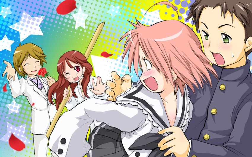 00s 2boys 2girls black_hair blush bokken bousouzoku brown_hair coat delinquent gotou_yuuko gotouza gottouza green_eyes highres kogami_akira long_hair lucky_star multiple_boys multiple_girls one_eye_closed ono_daisuke open_mouth oversized_clothes pink_hair red_eyes school_uniform serafuku shiraishi_minoru short_hair sword tokkoufuku ubizo weapon wink wooden_sword