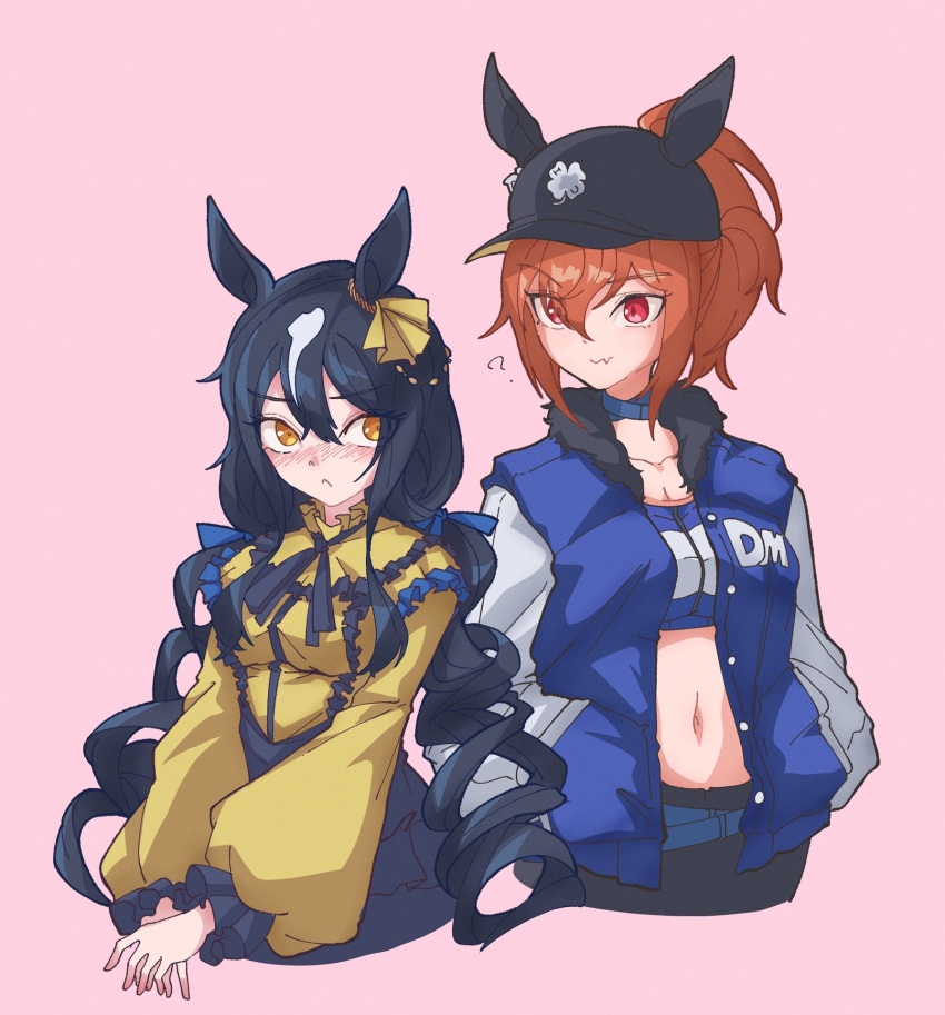 2girls ? animal_ears baseball_bat black_hair blue_choker blue_jacket blush breasts brown_hair choker cleavage clover clover_ornament clueless collarbone crop_top curly_hair daiwa_major_(racehorse) dance_in_the_mood_(racehorse) drill_hair ear_ornament eyes_visible_through_hair fang fang_out four-leaf_clover frilled_shirt_collar frills fur-trimmed_jacket fur_trim genderswap genderswap_(mtf) hair_between_eyes hands_in_pockets highres horse_ears horse_girl initial jacket letterman_jacket long_hair long_sleeves midriff multiple_girls navel obushideian open_clothes open_jacket original personification pink_background puffy_long_sleeves puffy_sleeves red_eyes rivalry shirt sideways_glance simple_background skin_fang tank_top twin_drills umamusume upper_body very_long_hair white_hair yellow_eyes yellow_shirt