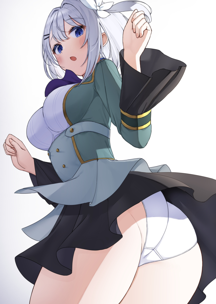 1girl :o absurdres ascot ass black_skirt blue_eyes breasts from_below green_jacket hair_tie highres hikikomari_kyuuketsuki_no_monmon jacket large_breasts looking_at_viewer medium_hair panties pantyshot purple_ascot sakuna_memoire shirt simple_background skirt solo underwear user_tyad4272 white_background white_hair white_panties white_shirt wide_sleeves