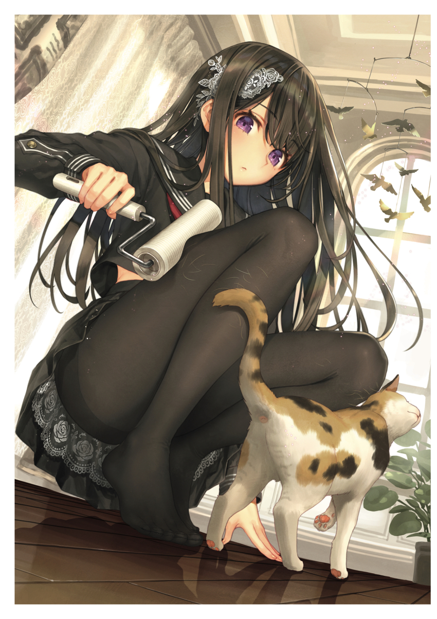 1girl anus black_hair black_pantyhose cat curtains feet from_below full_body hair_ornament highres indoors kawaku lace legs lint_roller long_hair mobile no_shoes nuzzle original pantyhose purple_eyes school_uniform serafuku thighband_pantyhose toes wooden_floor
