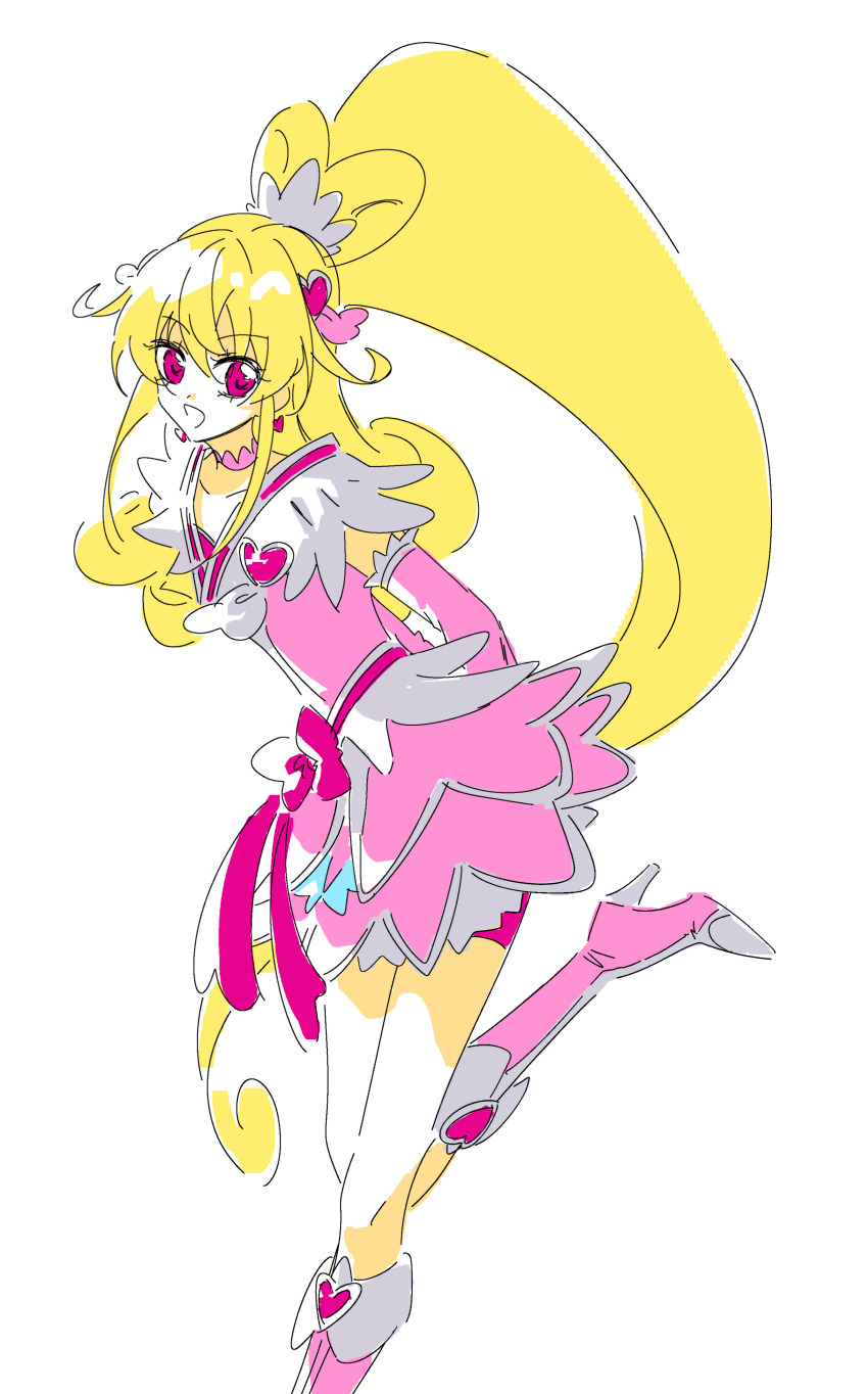 1girl absurdres aida_mana arms_behind_back blonde_hair boots bow chinese_commentary choker collarbone commentary_request cure_heart curly_hair dokidoki!_precure dot_nose dress earrings eyelashes feather-trimmed_sleeves feiyuqiqizhi foot_out_of_frame frilled_arm_warmers frilled_dress frills hair_ornament hair_ribbon hair_scrunchie heart heart_earrings heart_hair_ornament high_heel_boots high_heels high_ponytail highres jewelry knee_boots knees leaning_forward leg_up long_hair looking_at_viewer magical_girl open_mouth pink_arm_warmers pink_boots pink_bow pink_choker pink_dress pink_eyes pink_ribbon pink_shorts ponytail precure ribbon scrunchie short_dress short_sleeves shorts shorts_under_dress sidelocks simple_background smile solo standing very_long_hair waist_bow white_background white_scrunchie white_sleeves