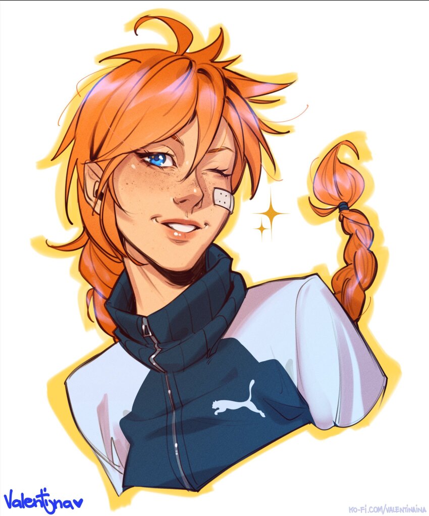 1girl artist_name bandaid bandaid_on_cheek bandaid_on_face black_jacket blue_eyes braid braided_ponytail freckles grey_sleeves highres jacket ko-fi_username long_hair looking_at_viewer one_eye_closed orange_hair original portrait raglan_sleeves simple_background solo sparkle turtleneck turtleneck_jacket valentina_tavolilla watermark web_address white_background