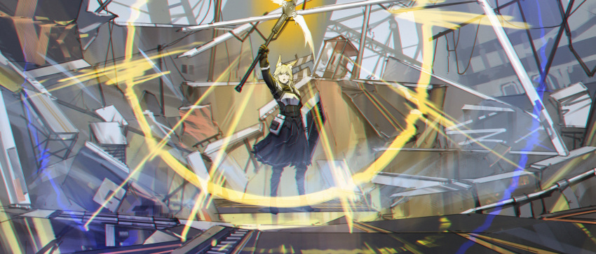 1girl animal_ear_fluff animal_ears arknights arm_up black_boots black_jacket black_skirt blonde_hair boots commentary_request danzir glowing hair_between_eyes highres holding holding_polearm holding_weapon horse_ears jacket nearl_(arknights) open_mouth polearm scenery skirt solo spear standing thigh_boots weapon