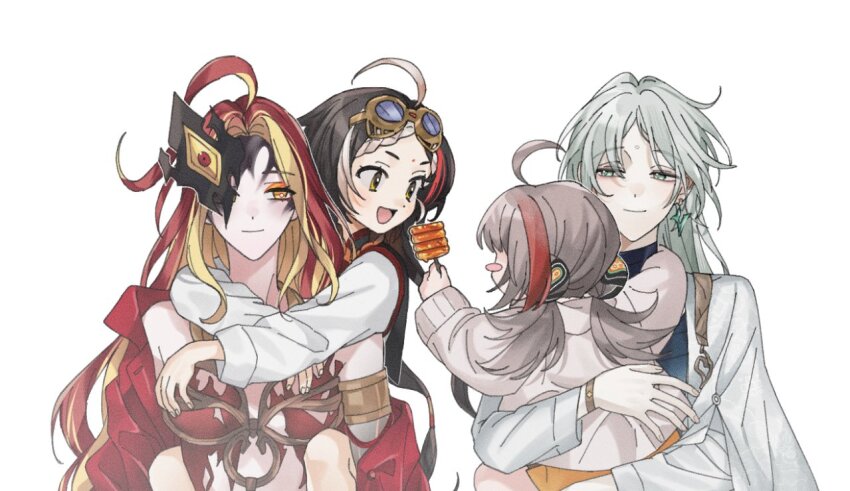4girls :d ahoge armlet baby_carry bare_shoulders black_vest blonde_hair braid braided_bangs brown_hair carrying carrying_person coat colored_inner_hair double_bun du_ruo_(path_to_nowhere) earrings eyeliner eyewear_on_head facial_mark feeding food forehead_mark green_eyes hair_bun half_mask holding holding_food holding_skewer jacket jade_(gemstone) jewelry low_twintails makeup mask multicolored_hair multiple_girls nyanghae167554 off_shoulder open_clothes open_coat open_jacket open_mouth orange_eyeliner owo_(path_to_nowhere) parted_bangs path_to_nowhere piggyback pink_jacket red_hair red_jacket shirt short_twintails simple_background skewer smile streaked_hair twintails two-tone_hair vest white_background white_coat white_hair white_shirt yanyan_(path_to_nowhere) yao_(path_to_nowhere) yellow_eyes