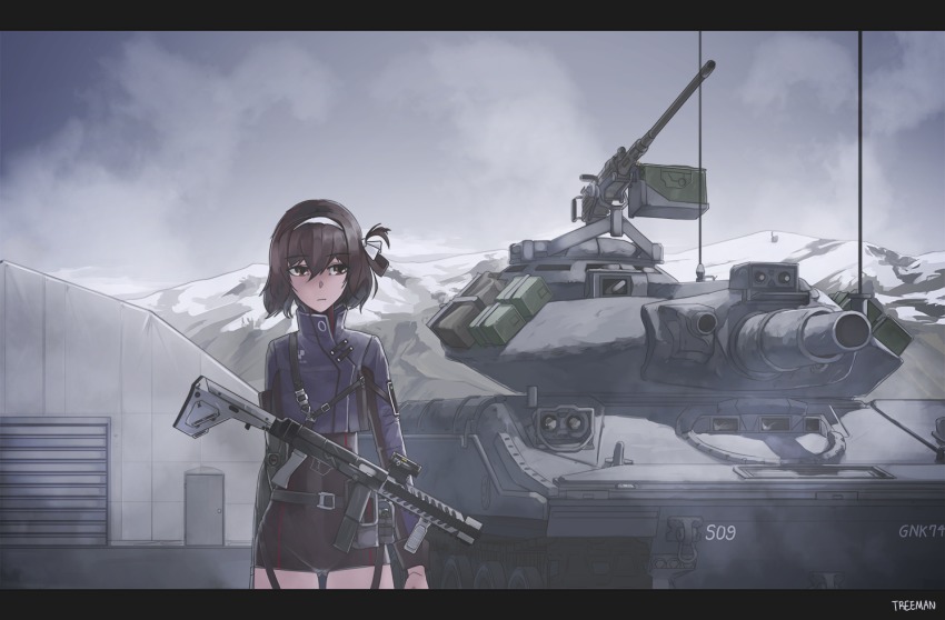 1girl arms_at_sides assault_gun brown_eyes brown_hair browning_m2 door female_focus girls&#039;_frontline gun gun_sling heavy_machine_gun jerry_can letterboxed m551_sheridan machine_gun military military_vehicle motor_vehicle mountainous_horizon scenery solo tagme tank treeman type_79_(girls&#039;_frontline) weapon