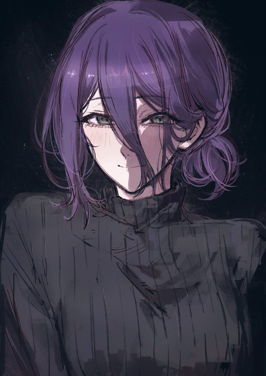 1girl black_background black_sweater chainsaw_man closed_mouth grey_eyes hair_between_eyes highres looking_at_viewer moku_(muooku) purple_hair reze_(chainsaw_man) solo sweater turtleneck turtleneck_sweater