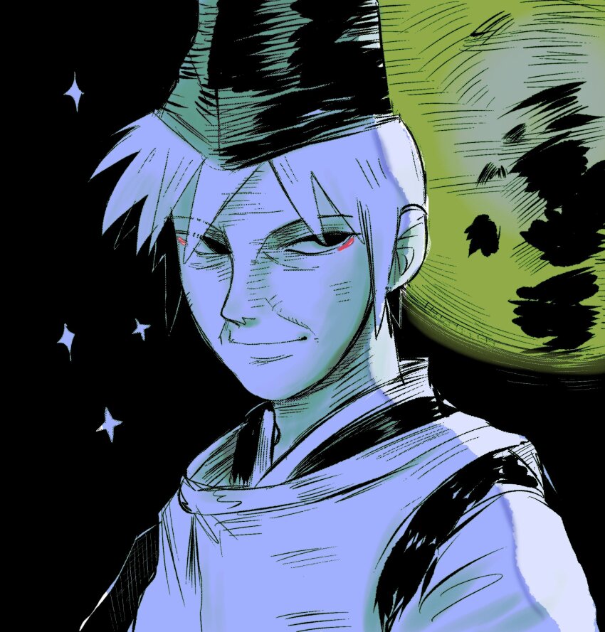 1boy akagi_shigeru alternate_costume closed_mouth commentary_request eyeliner fukumoto_mahjong green_theme hat highres italian_commentary japanese_clothes kariginu looking_at_viewer makeup male_focus monochrome old old_man short_hair smile solo sparkle tate_eboshi ten_(manga) tzk6996 upper_body wrinkled_skin