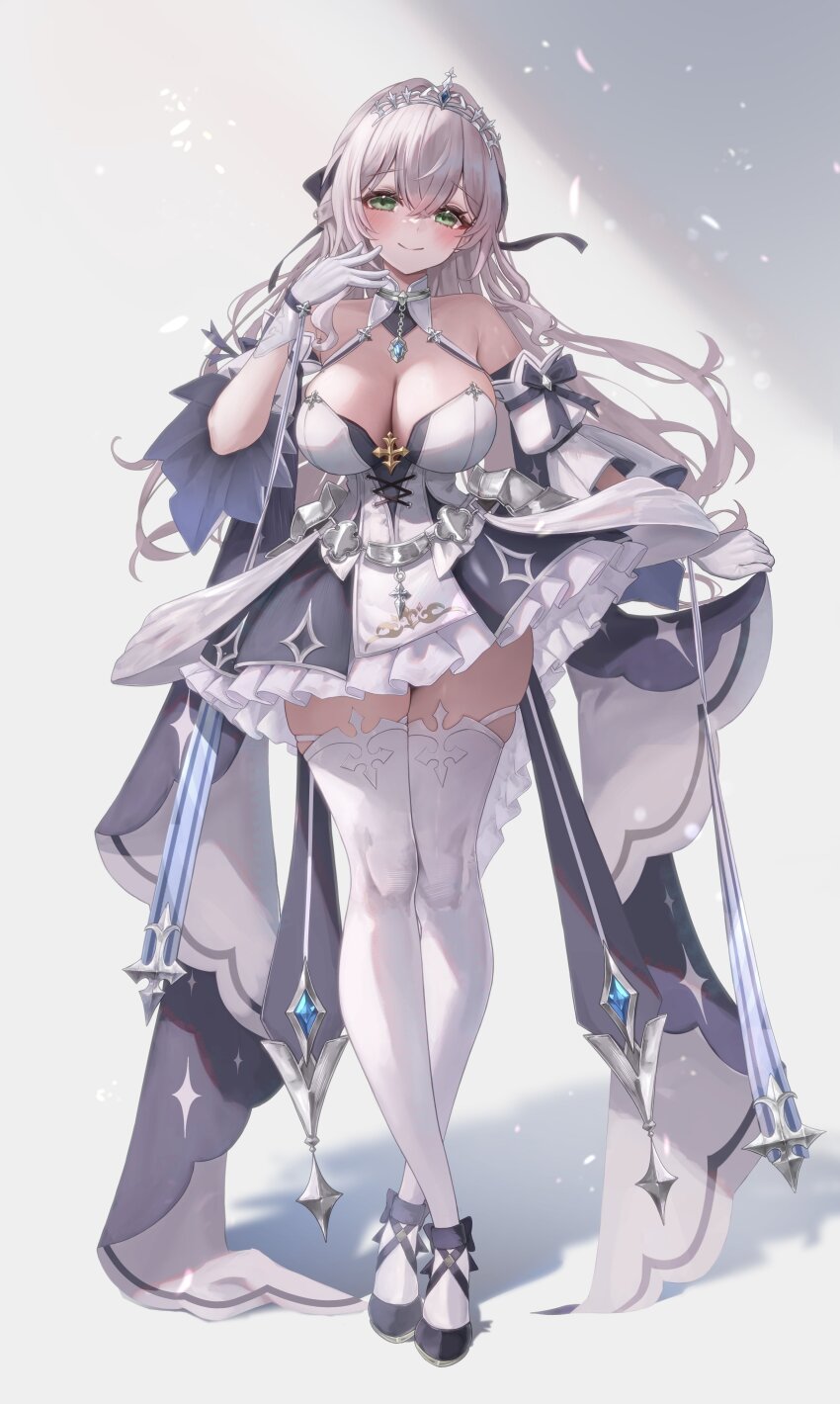 1girl absurdres armor armored_dress breasts cleavage closed_mouth crossed_ankles crossed_bangs detached_sleeves double-parted_bangs dress frilled_dress frills full_body gloves green_eyes grey_dress grey_hair hair_between_eyes halterneck hand_up hashtag-only_commentary high_heels highres hololive large_breasts long_hair looking_at_viewer maison_de_cante official_alternate_costume official_alternate_hairstyle shirogane_noel shirogane_noel_(princess_knight) short_dress sleeveless sleeveless_dress smile solo standing thighhighs tiara virtual_youtuber white_dress white_gloves white_thighhighs