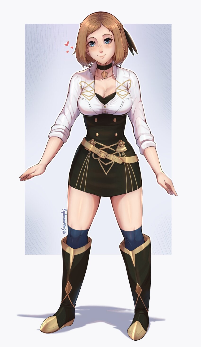 1girl 2024 absurdres alternate_costume arms_at_sides artist_name belt black_boots black_choker black_dress blue_eyes blue_thighhighs blush boots border braid breasts brown_hair choker cleavage commentary crown_braid dress emblem english_commentary evomanaphy female_focus female_kiran_(fire_emblem) fire_emblem fire_emblem:_three_houses fire_emblem_heroes freckles full_body garreg_mach_monastery_uniform gold_trim hair_ornament heart highres intelligent_systems kiran_(fire_emblem) large_breasts lips long_sleeves looking_at_viewer nintendo outside_border popped_collar shadow shirt short_hair simple_background sleeves_rolled_up smile solo standing thighhighs thighs uniform_dress white_shirt
