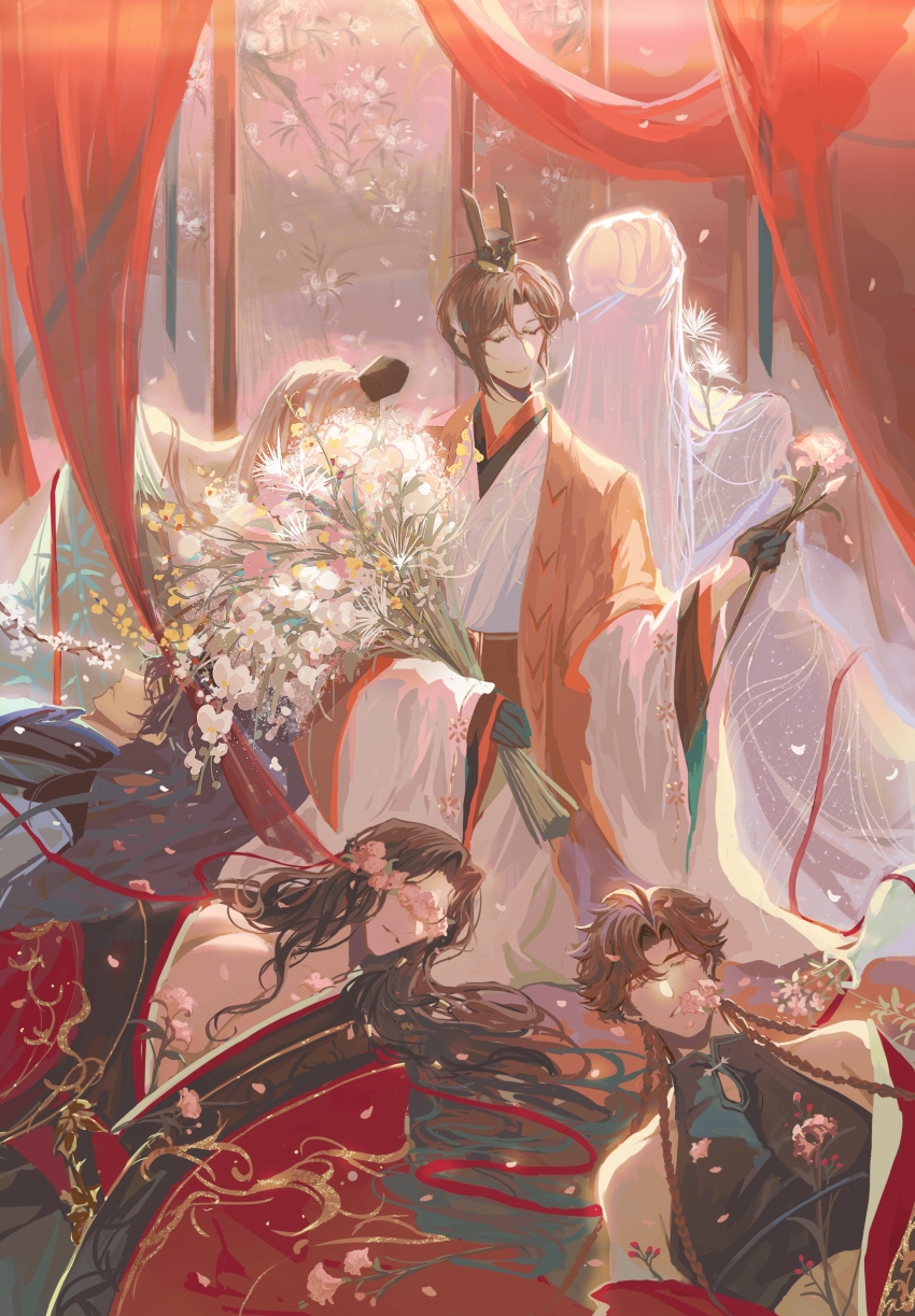 1girl 5boys absurdres back-to-back bishounen black_gloves black_hair black_headband black_robe black_shirt bouquet braid brown_hair carnation chinese_clothes closed_eyes closed_mouth coat code:_kite covered_eyes covered_face crossdressing curtained_hair curtains dandelion facing_away facing_to_the_side falling_petals flower flower_in_mouth flower_over_eyes flower_wreath fu_rong_(code:_kite) gloves green_robe guanglingwang half_gloves hanfu hanging_scroll headband highres holding holding_bouquet holding_flower indoors leaf_print leaning_on_person liu_bian long_hair long_sleeves lying male_harem multiple_boys multiple_braids off_shoulder on_back oncidium open_clothes open_coat open_robe orange_coat orchid parted_bangs parted_lips pectorals petals pink_flower plum_blossoms ponytail red_coat red_ribbon reverse_trap ribbon robe scroll shirt short_hair sitting sleeveless sleeveless_turtleneck smile snow234 sun_ce_(code:_kite) turtleneck vase white_flower white_robe wide_sleeves xiao_guan_(headdress) yellow_flower yuan_ji zuo_ci_(code:_kite)