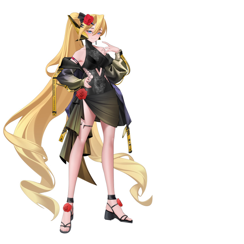 1girl absurdres alternate_costume alternate_hairstyle arm_strap bare_legs bare_shoulders blonde_hair blue_eyes breasts ciel_(mega_man) commission commissioner_upload covered_navel earrings eyelashes flower full_body hair_flower hair_ornament hairclip hand_on_own_hip high_heels highres jacket jewelry long_bangs long_hair long_sleeves mechanical_ears mega_man_(series) mega_man_zero_(series) non-web_source one-piece_swimsuit open_clothes open_jacket petite ponytail red_flower red_rose rhan rose small_breasts swimsuit swimsuit_skirt thigh_strap transparent_background very_long_hair