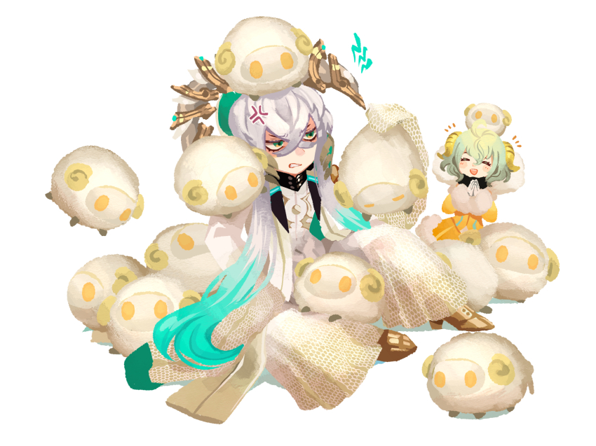 2boys anger_vein angry animal animal_on_head apollo_(fate) asclepius_(fate) brown_footwear crossed_bangs eyelashes fate/grand_order fate_(series) gradient_hair green_eyes grey_hair hair_between_eyes highres horns kinakotatu male_focus multicolored_hair multiple_boys on_head own_hands_together paris_(fate) white_background