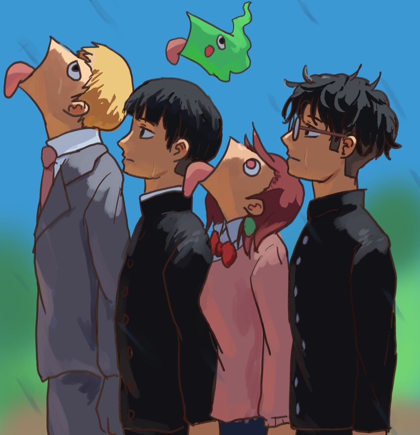 1girl 3boys absurdres ayase_momo black_hair blonde_hair bowl_cut brown_hair crossover dandadan earrings ekubo_(mob_psycho_100) formal_clothes gakuran glasses goku_and_vegeta_in_the_rain_(meme) highres jewelry kageyama_shigeo meme mob_psycho_100 multiple_boys pink_sweater pluvion reigen_arataka round_eyewear school_uniform spirit suit sweater takakura_ken_(dandadan)