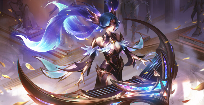 1girl absurdres architecture armlet bare_shoulders blue_dress blue_eyes blue_hair breasts circlet cleavage curtained_hair detached_sleeves dress glowing glowing_eyes glowing_hair gold_armlet gold_circlet gold_trim hair_intakes hair_ornament harp highres indoors instrument jewelry league_of_legends long_hair looking_at_viewer marble_(stone) marble_floor official_alternate_costume pandart-studio parted_bangs solo sona_(league_of_legends) splashing twintails very_long_hair victorious_sona wide_sleeves