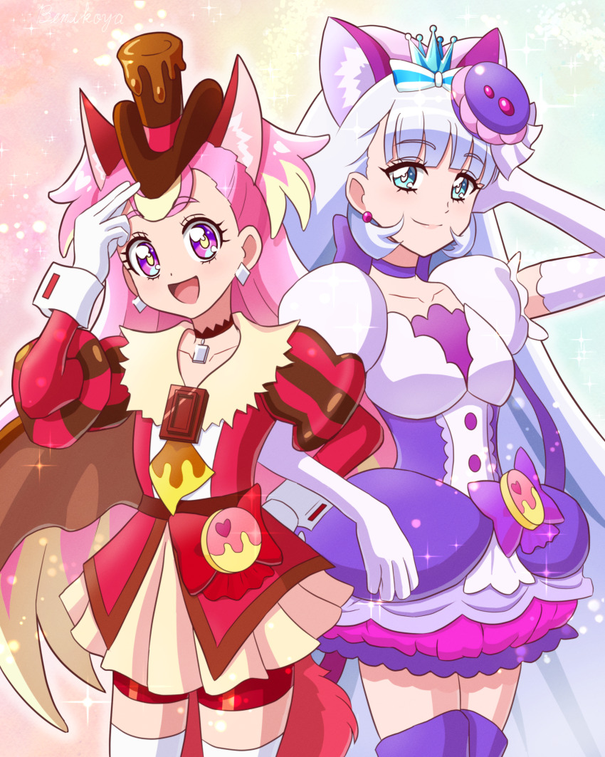 2girls absurdres adjusting_clothes adjusting_headwear animal_ears aqua_eyes artist_name benikoya bike_shorts black_choker black_headwear blonde_hair blue_crown boots bow cat_ears choker closed_mouth coat commentary cosplay cowboy_shot crown cure_chocolat cure_chocolat_(cosplay) cure_macaron cure_macaron_(cosplay) cure_nyammy cure_wonderful dog_ears dress dress_bow earrings elbow_gloves fake_animal_ears food food-themed_hair_ornament gloves hair_ornament hand_in_own_hair hat highres inukai_komugi jewelry juliet_sleeves kirakira_precure_a_la_mode locked_arms long_hair long_sleeves macaron mini_crown multiple_girls nekoyashiki_yuki open_mouth pink_hair pouch precure puffy_short_sleeves puffy_sleeves purple_choker purple_dress purple_eyes purple_footwear red_coat red_shorts short_dress short_sleeves shorts side-by-side signature smile standing thigh_boots thighhighs top_hat trait_connection two_side_up white_gloves white_hair white_thighhighs wonderful_precure!